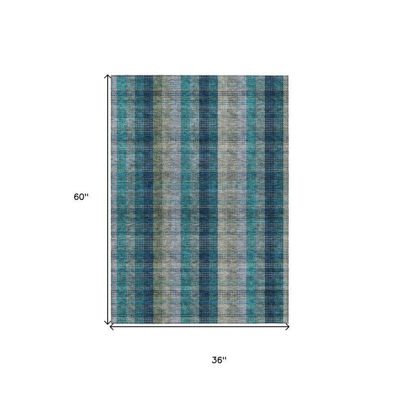 3' X 5' Teal Blue Navy Blue And Olive Green Plaid Washable Indoor Outdoor Area Rug