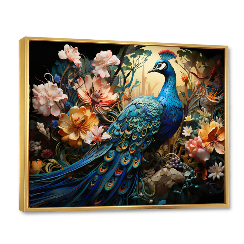 Teal Peacock Parade I - Peacock, reproduction d'art encadrée, 34" H x 44" W, Cadre flottant doré