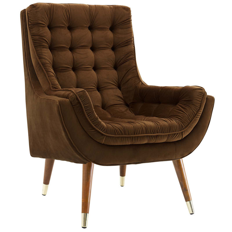 Suggest Button Tufted Upholstered Velvet Lounge Chair, Brown
