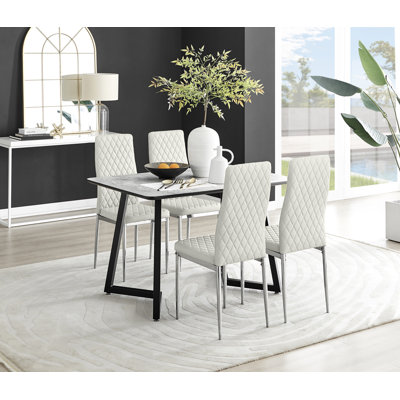 Benia White & Grey Marble Effect Dining Table Set with x4 Luxury Velvet Upholstered Dining Chairs