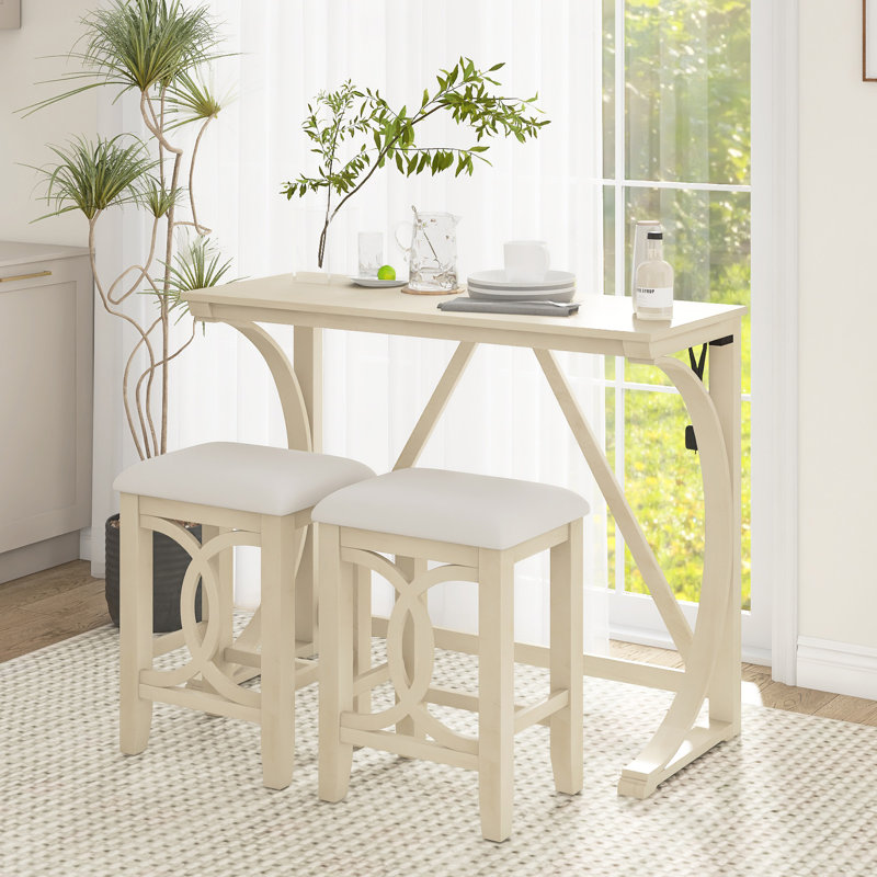 Ensemble de table de salle à manger 3 pièces à hauteur de bar en bois massif avec port USB, Crème, Crème