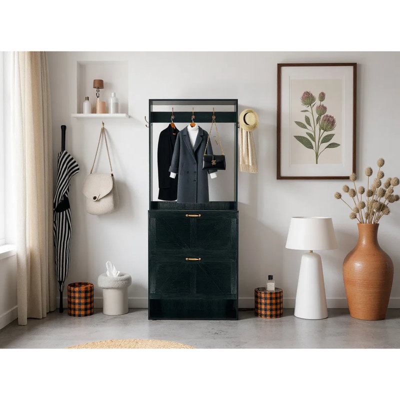 Multifunctional Entryway Cabinet With Hooks And Storage Shelves, Minimalist Entrance Hall Organizer For Coats Shoes And Bags, 31 Inch Narrow Foyer Furniture