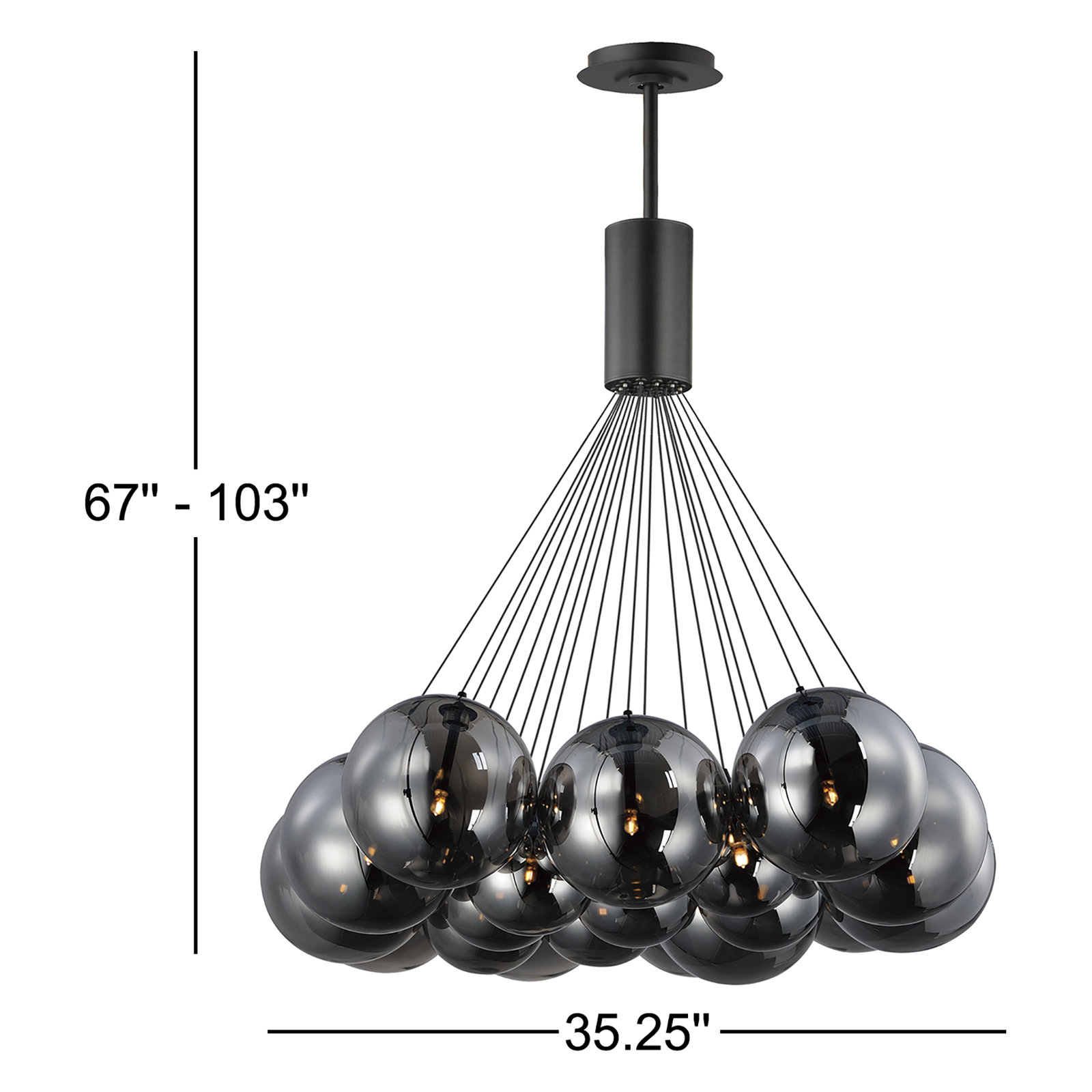 Alikee 20 Light Glass Steel Dimmable Pendant, Matte Black, Smoke