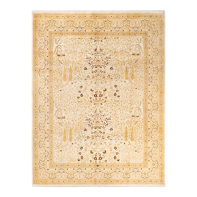 Tapis ivoire noué à la main de conception unique 8 pi 1 po x 10 pi 5 po Hisayoshi Mogul