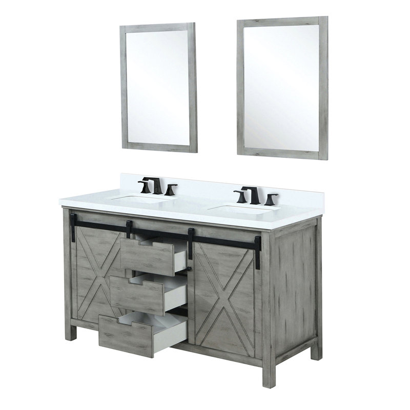 60 po Meuble-lavabo double gris cendré, comptoir en quartz blanc, robinet et 24 miroirs gris antitaches, comptoir, robinet, finition