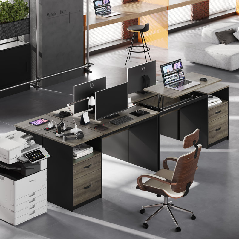 59.84" W Lift Top Computer Desk with Power Outlets, Retro Gray/Dark Oak