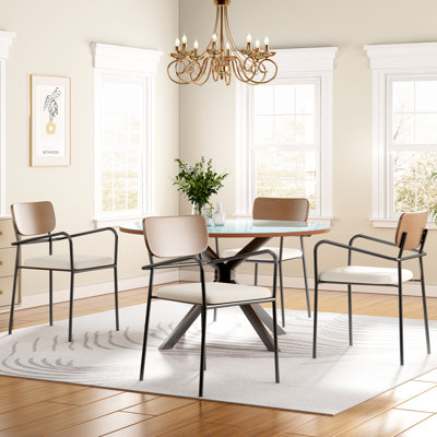Modern Upholstered Dining Chair With Curved Wood Back, Armrest And Metal Base (Set Of 4) by 17 Stories