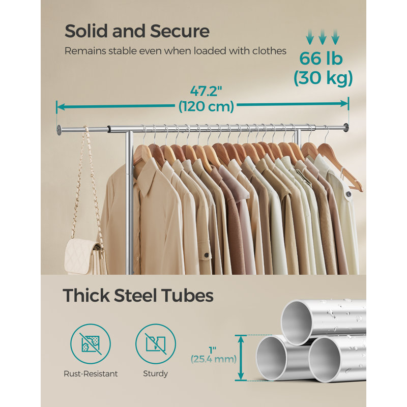Clothes Rail, Clothes Rack, Extendable Hanging Rail, Clothing Storage With Wheels, 45 Kg Total Max. Load, 40 X (83-120) X 156 Cm