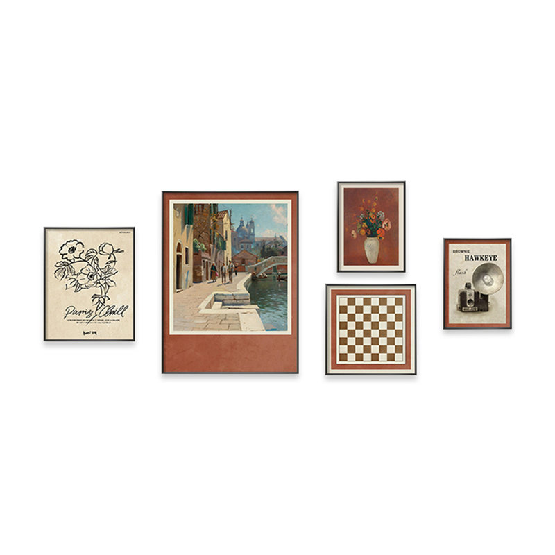 Artistic People 5-Piece Framed Canvas Wall Art Set, Vintage Venice & Floral Gallery Wall Decor, Modern Rustic Style
