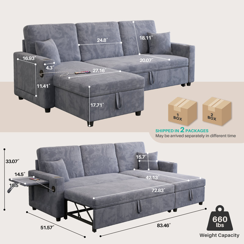 83.5"Sectional Sleeper Sofa with Pull-Out Bed, Plush Corduroy L-Shaped Modular Couch with Storage Chaise and USB Charging