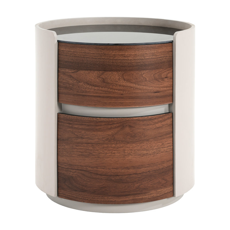 Table d'appoint ronde à double rangement, design rétro en brun gris, bords arrondis lisses, plateau à rebords surélevés, style, matériaux, verre trempé à deux niveaux pour ranger de petites décorations, base pleine grandeur, compact