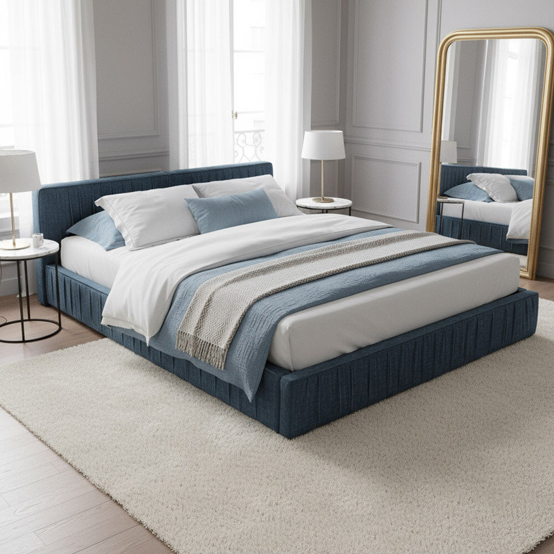 Cadre de lit plateforme grand tapissier avec tissu chenille, Bleu très foncé