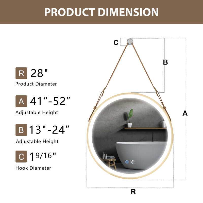 Miroir de salle de bain rond à rétroéclairage à DEL de 28 po avec fonction de luminosité réglable antibuée Williman