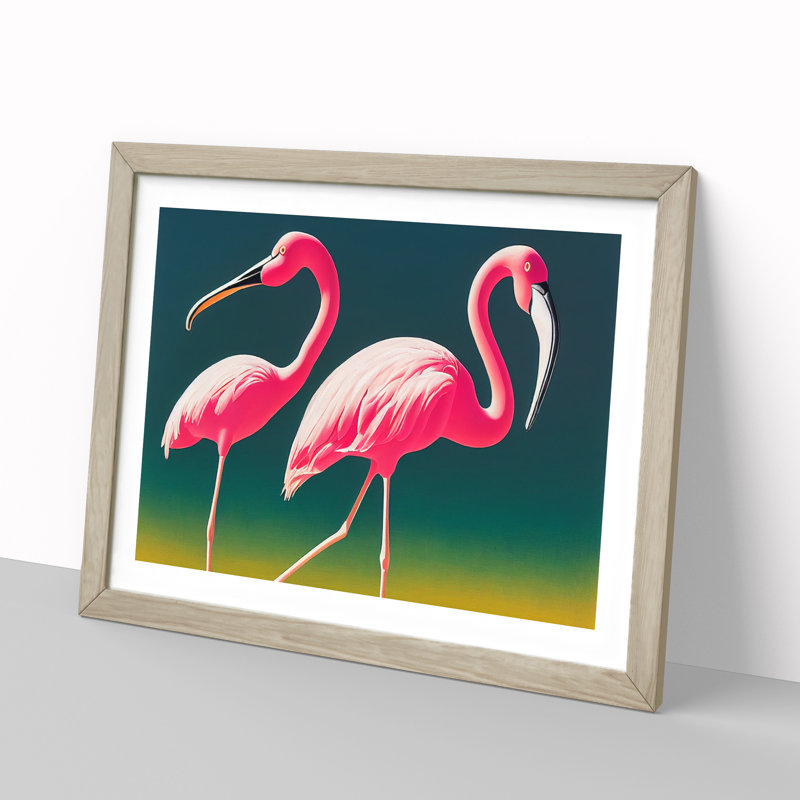 Immense Flamingos - Single Picture Frame Print, 46cm H x 64cm W x 2cm D, Oak