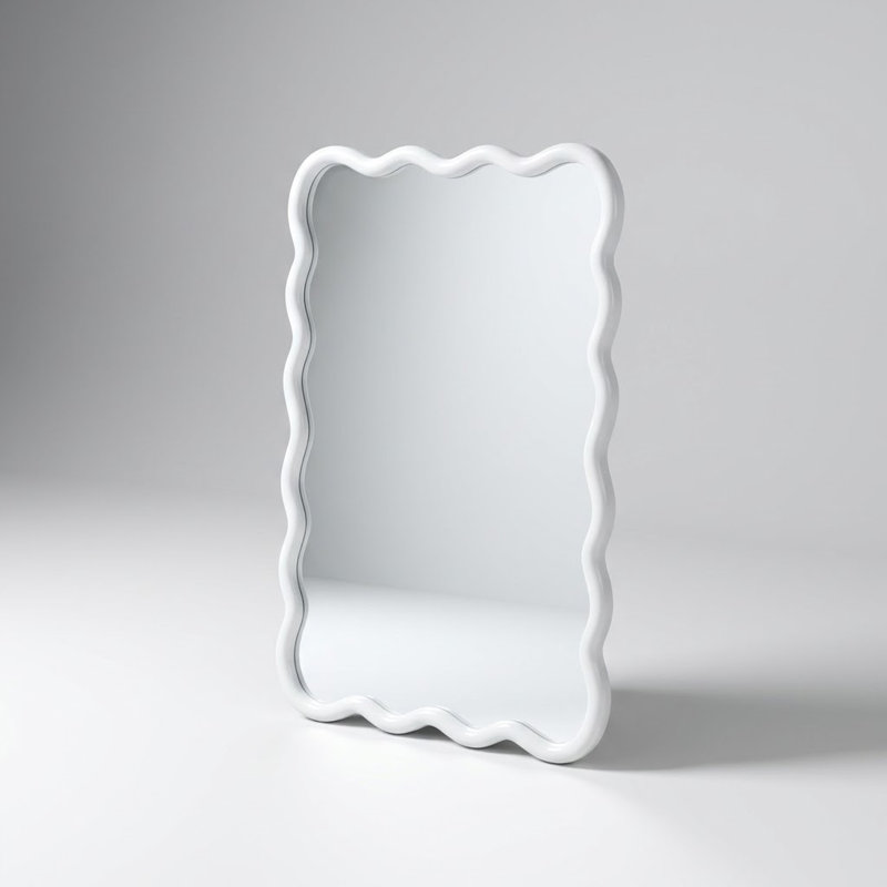 Natural Wood Framed Wavy Rectangle Decorative Wall Mirror with Tempered Glass for Living Room, Bedroom, and Bathroom, White