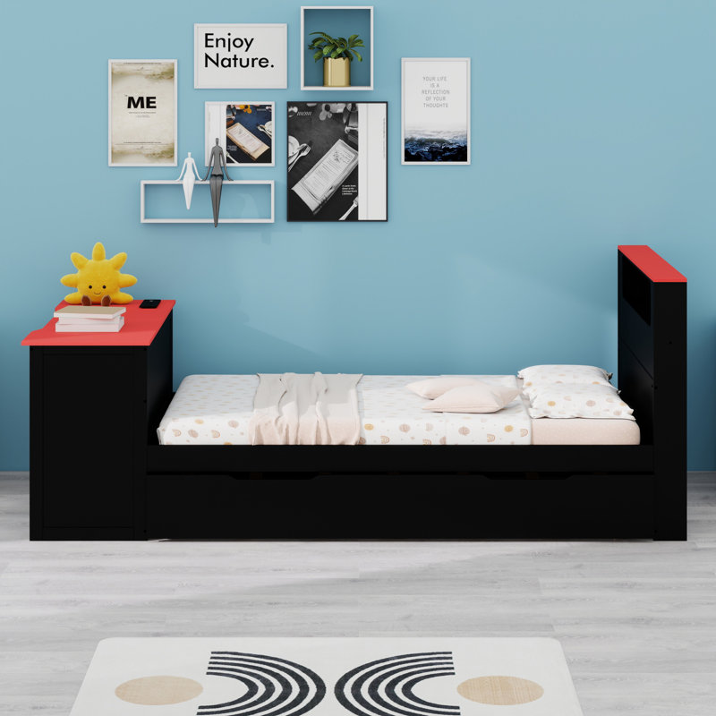 Daybed with Trundle, Desk, LED Light, Black+Red
