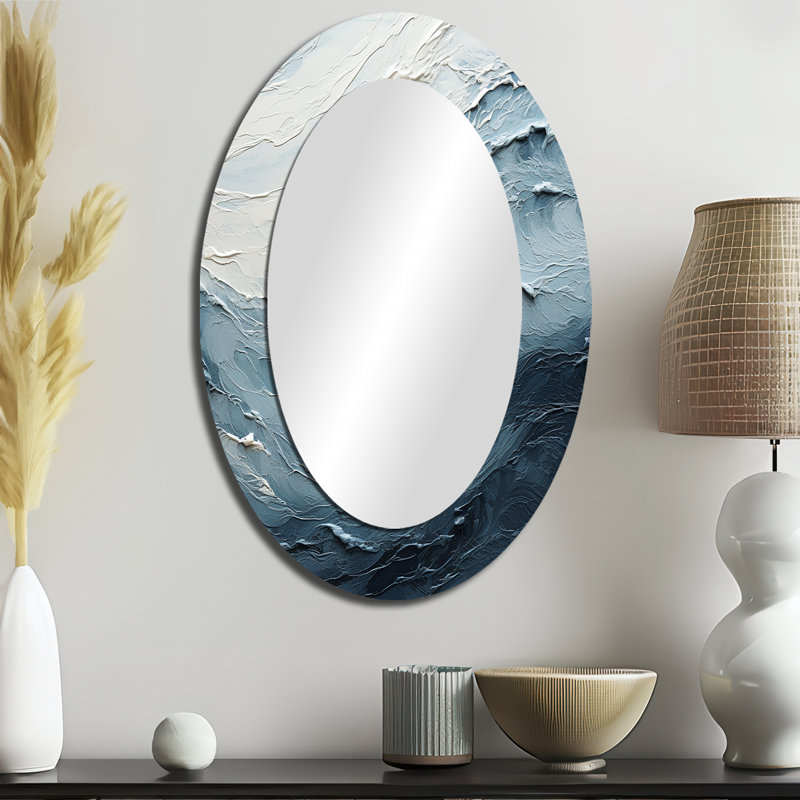 Minimalisme noir et bleu peinture vague II - miroir mural ovale bleu, 36 po x 24 po