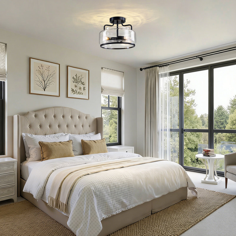 3-Light Industrial Metal And Clear Glass Drum Semi Flush Mount Ceiling Light