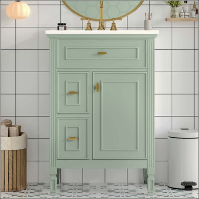 Meuble-lavabo de salle de bain avec lavabo, armoire en bois massif et panneau de fibres à densité moyenne avec un tiroir rabattable, deux tiroirs standard et une tablette réglable, meuble-lavabo vert autoportant pour le rangement de la salle de bain