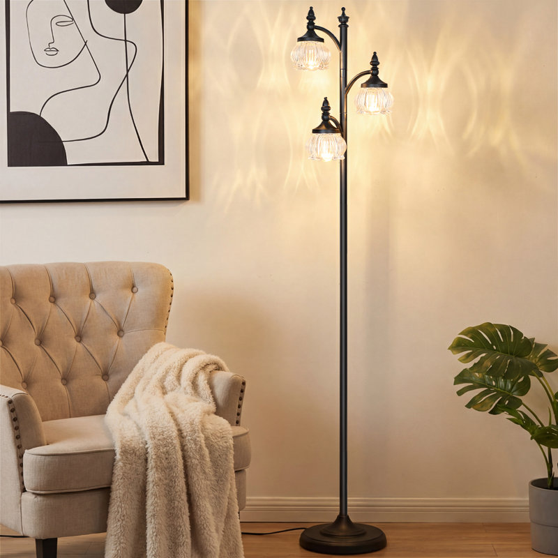 Gold  Floor Lamp For Living Room,Tall Standing Lamp Dimmable Tree Floor Lamps With 3 Rotatable Lights Glass Flower Shade 66.5'' Modern Corner Lamp For Bedroom Office(3LED Bulbs Included)
