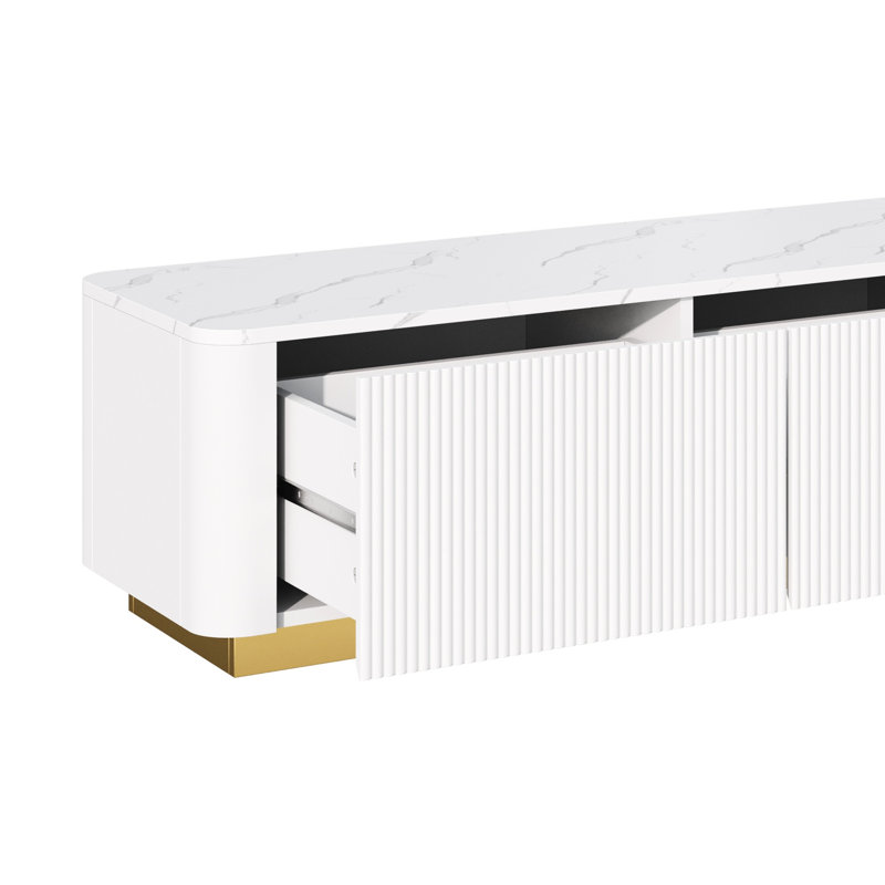 Meuble télé de luxe avec 4 tiroirs, base dorée, finition en faux marbre blanc et esthétique cannelée incurvée, White