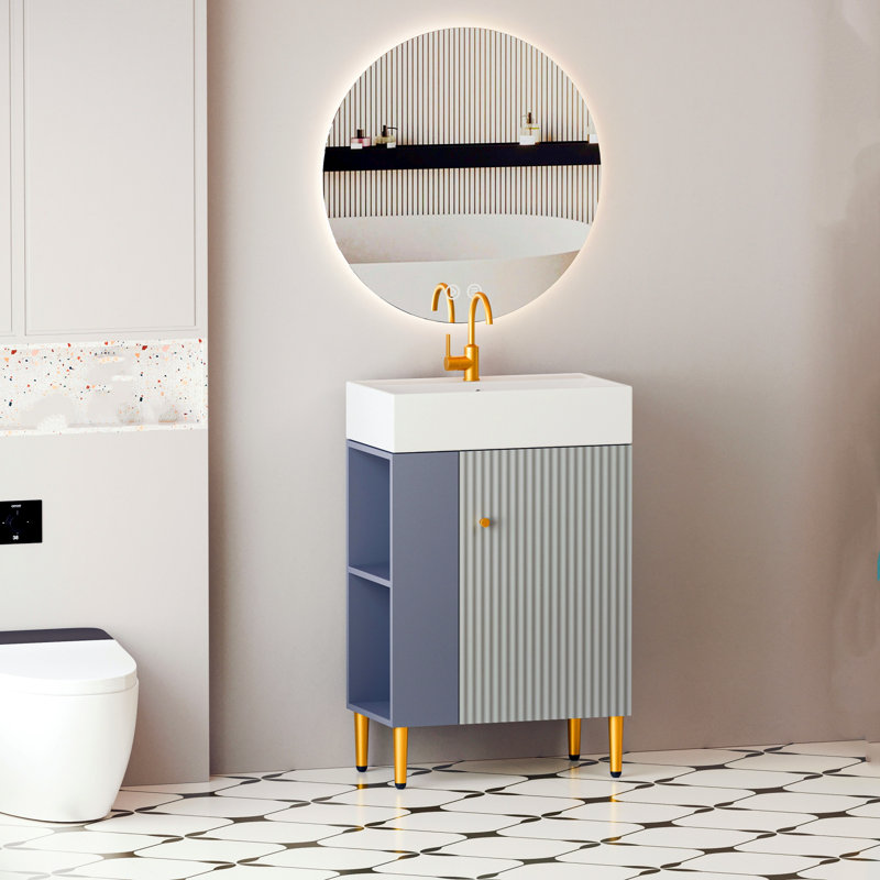 Meuble-lavabo à tablettes ouvertes de 21,6 po avec lavabo en céramique et porte à fermeture douce, à assembler, gris, Gris