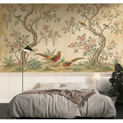 Murale de style rétro avec oiseaux chinois