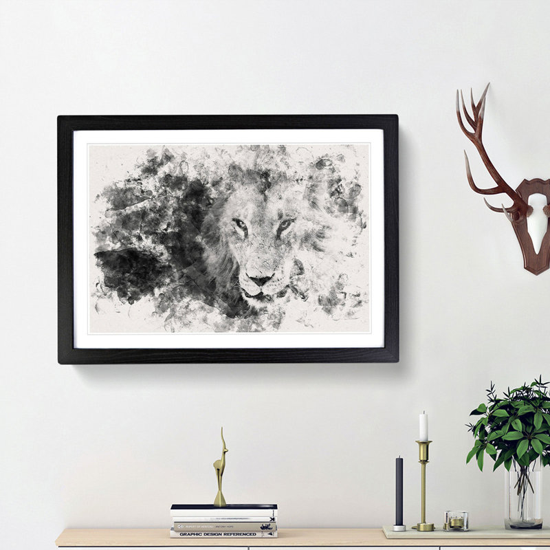 Portrait of a Lion - Picture Frame Graphic Art Print, 33cm H x 45cm W x 2cm D, Black Framed
