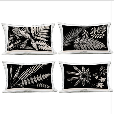 White Ferns on Black Design by Phillipa Katz Outdoor Printed Pillow (Set of 4)
