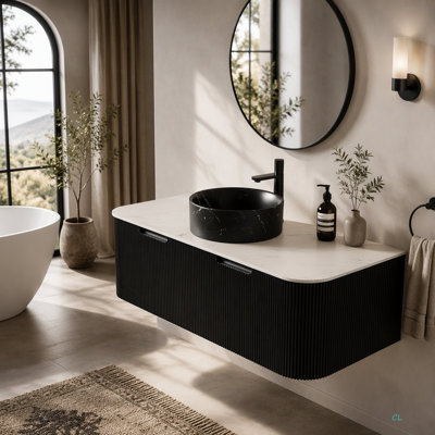 Meuble-lavabo 48 po, meuble-lavabo rayé à bords arrondis contreplaqué avec 2 tiroirs, lavabo rond en pierre et plateau en pierre frittée, pré-assemblé