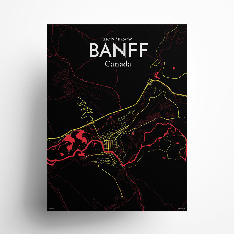 Banff, carte de la ville, impression, Noir / rouge / jaune, H 24 po x l 18 po