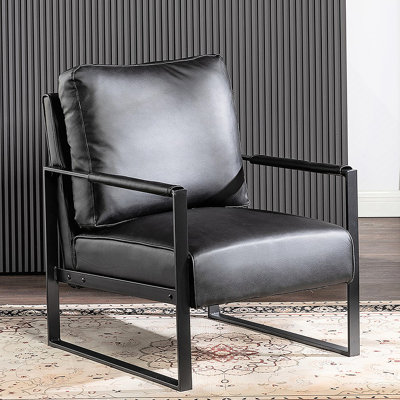 Chaise d'appoint classique de style Mid-Century moderne avec structure carrée en métal durable, fauteuil pour le salon, la chambre à coucher, le bureau personnel revêtu de microfibre tacheté, cuir PU noir
