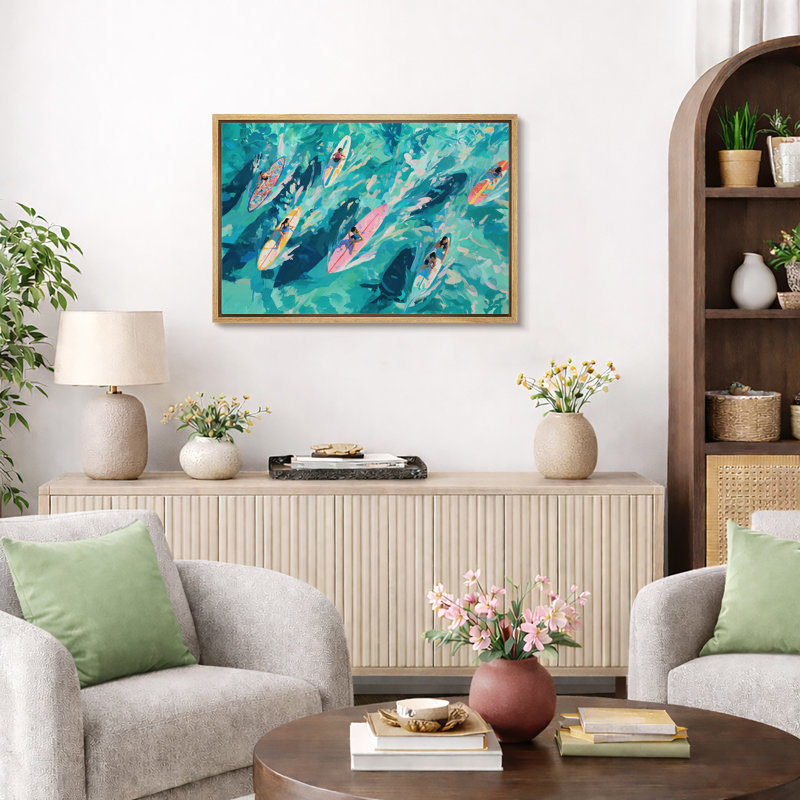 «Surfers in the Waves», reproduction d'art sur toile encadrée, impression sur toile encadrée, 24" H x 36" W x 1.5" D