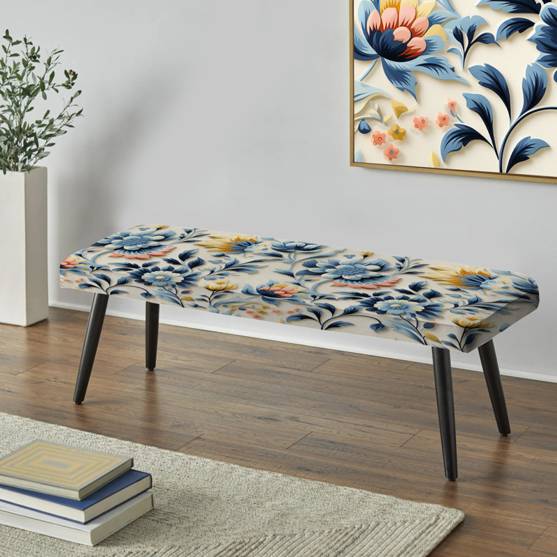 Hermantown Ethnos Damask Pink And Blue Ferns I - Damask Upholstered Black Bench