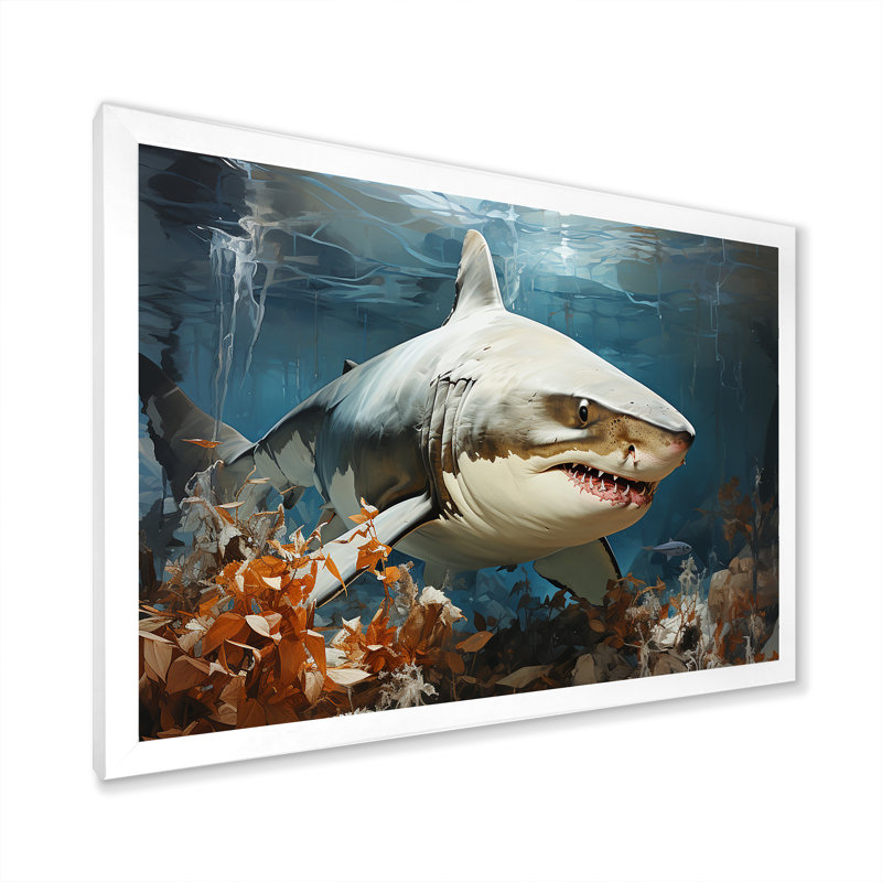 " Minimalism Shark Hunting ", 12" H x 20" W x 1" D, White Picture Framed
