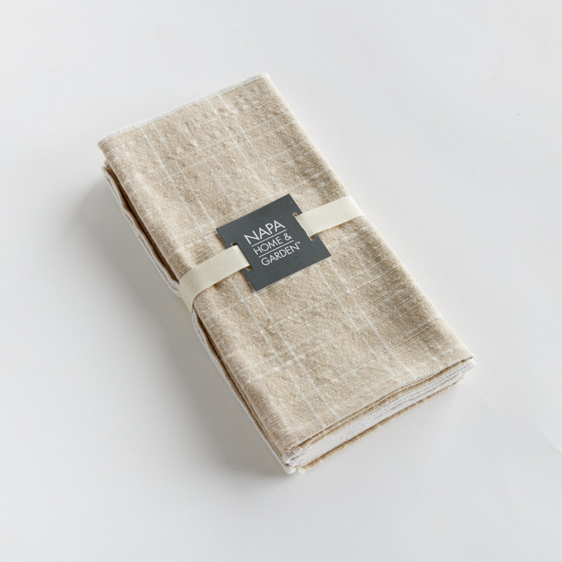 Eggett Toile Cotton Dinner Napkins in Taupe, Plaid, Straight Seam, Taupe/White