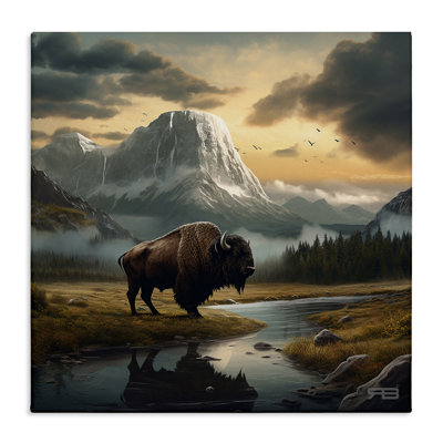 Bison & Vast Mountains Canvas Wall Art by Roozbeh Bahramali