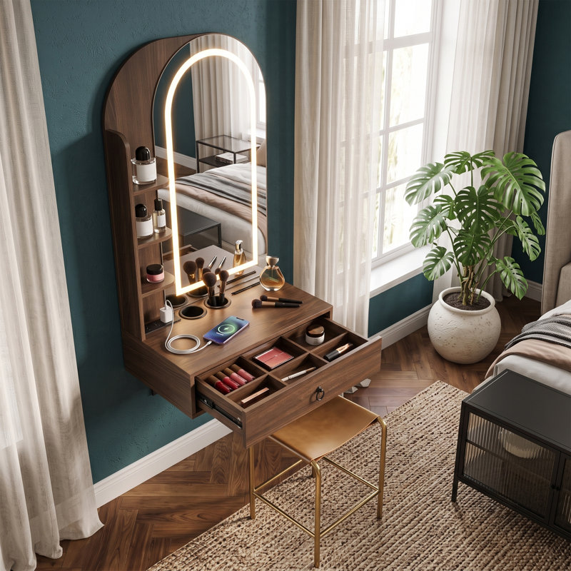Coiffeuse suspendue avec miroir arqué et tiroir de rangement, table de maquillage murale avec prise électrique et éclairage à 3 couleurs et luminosité réglable, coiffeuse compacte