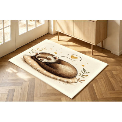 Tapis illustré d'un adorable furet endormi, beige crème à étoiles jaunes, motif animal mignon, antidérapant, idéal pour décorer votre salon, chambre, dortoir ou salle de jeux.