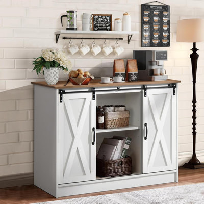 Farmhouse Coffee Bar Cabinet with Sliding Barn Door, Coffee Bar Table with Adjustable Shelves, Buffet Cabinet with Storage Wine Bar Cabinet for Kitchen Living Dining Room