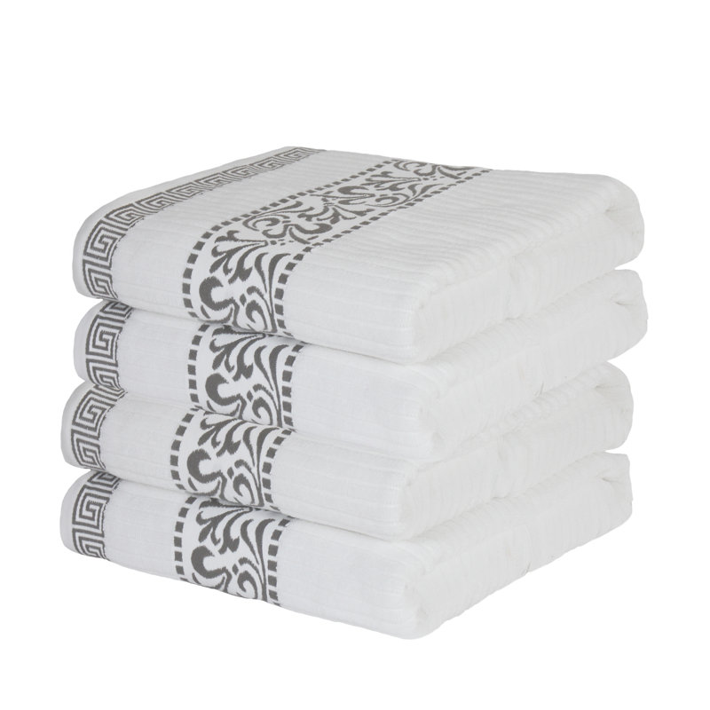 Mikira Athens 100% Combed Cotton Floral Border Bath Towel Set, White/Gray