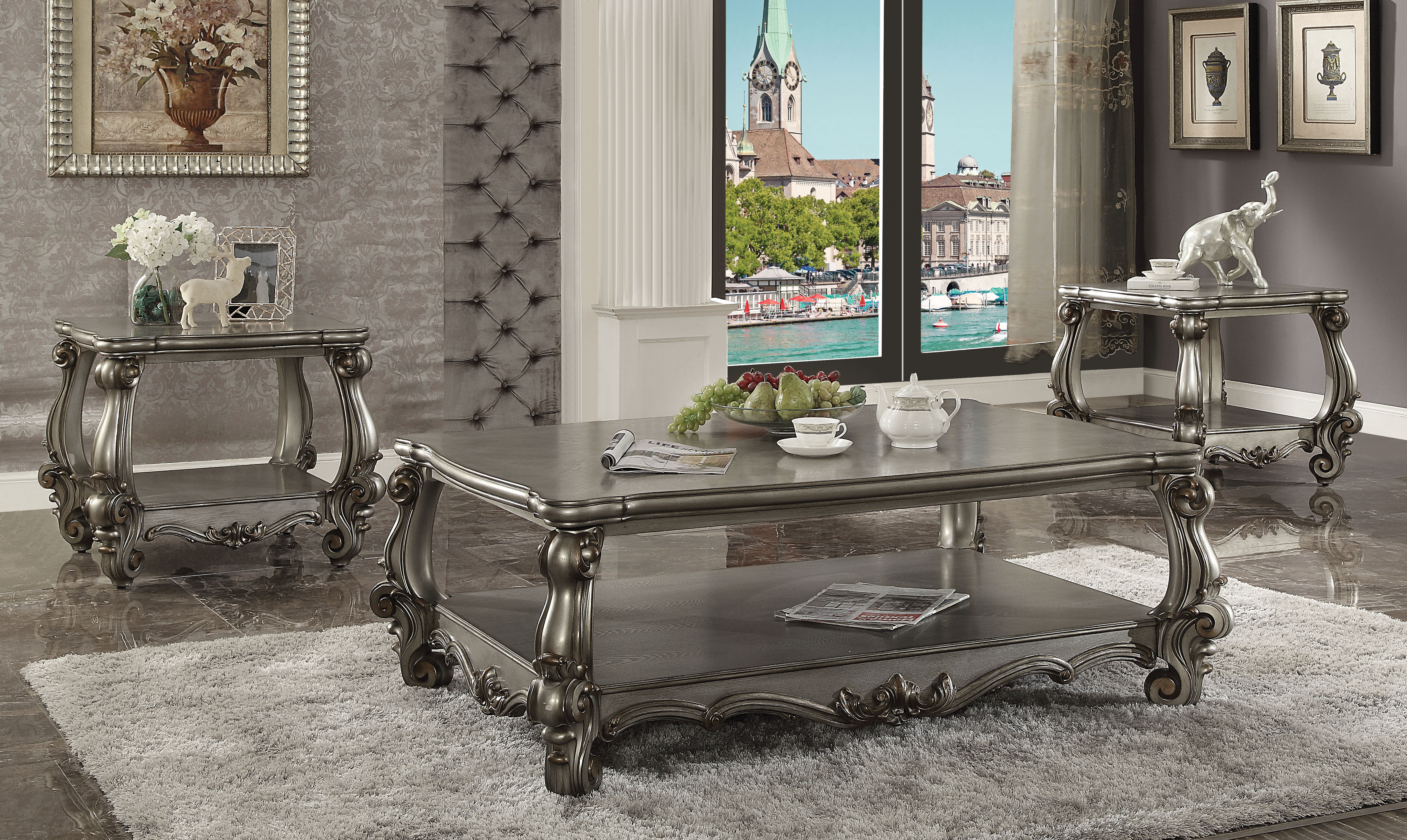 3 piece silver living room table set discount
