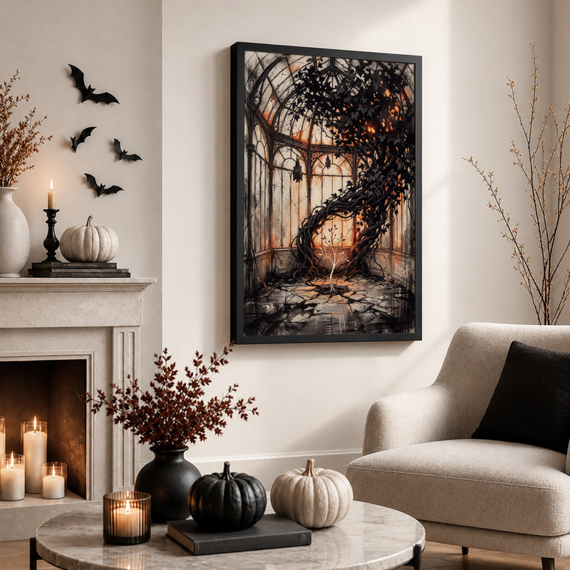 Vignes sombres et entrelacées et arbre lumineux dans une toile murale gothique d'Halloween, H 30 po x l 20 po