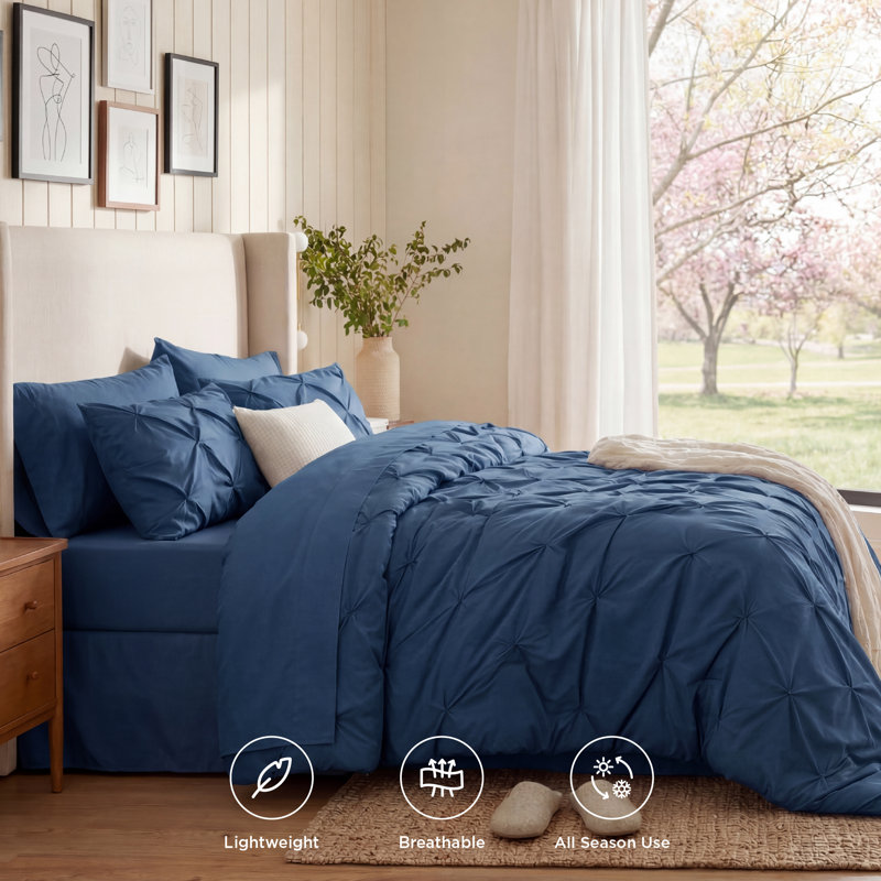 Bedsure Twin Pintuck Bed-in-a-Bag- Navy Pinch Pleat Comforter with Sheets, Pillowcases & Shams, Navy
