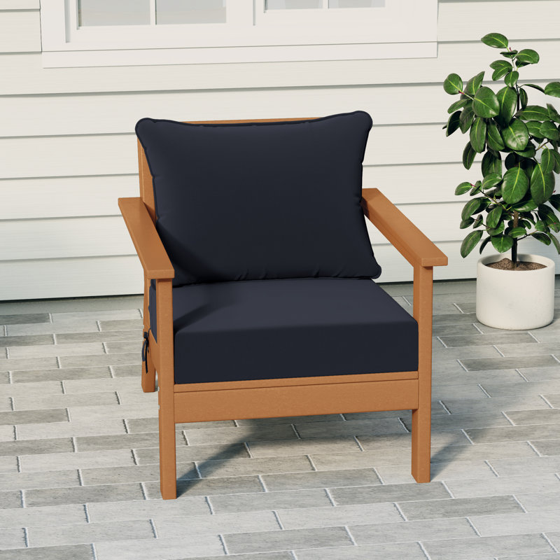 Hydea Deep Seating Chair With Cushions, Teak, Navy Blue