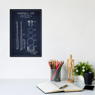 Baseball Bat Navy Blue Patent Blueprint 1 Piece Wall Art on Canvas