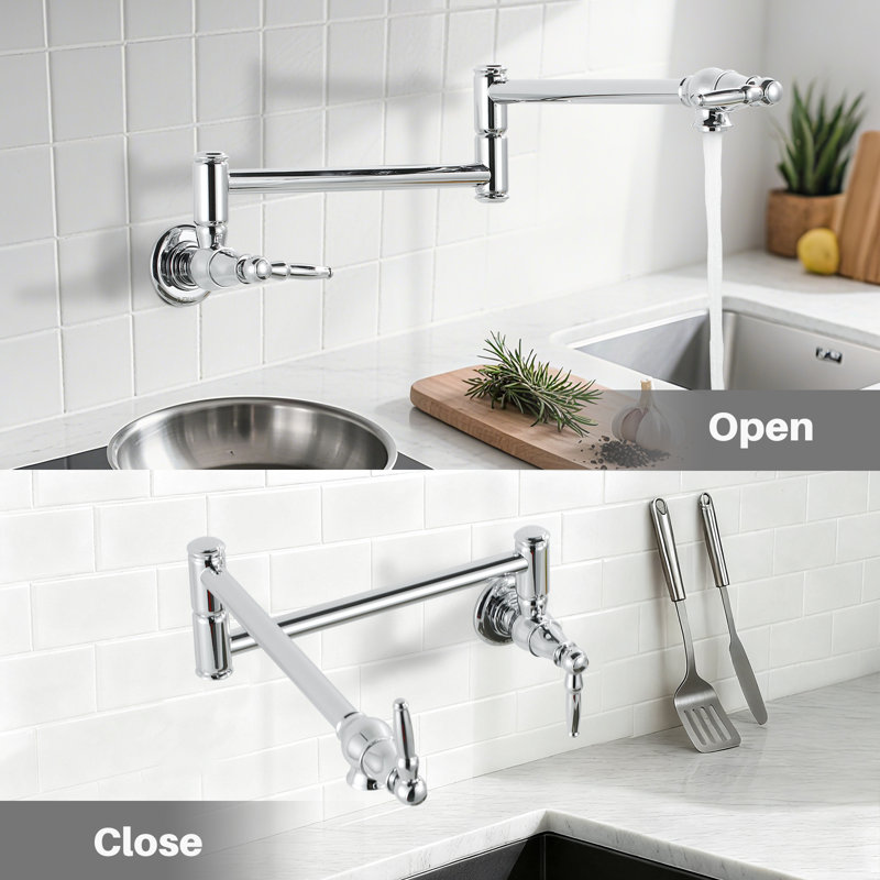Wall Mounted Pot Filler 2-handles Kitchen Faucet With 360° Spout Swivel In Polished Chrome, Polished Chrome