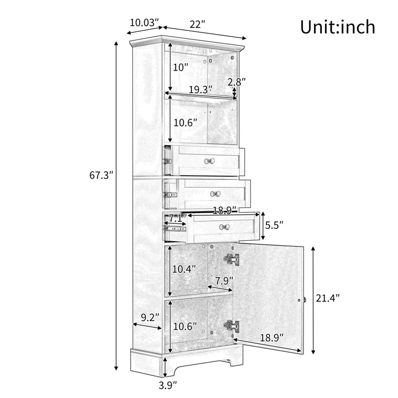Grande armoire de rangement avec 3 tiroirs et tablettes réglables pour salle de bain, bureau, bureau et intérieur, panneau de fibres à densité moyenne avec finition peinte