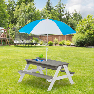 Table de pique-nique d'extérieur en bois 3 en 1 avec parasol, sable convertible et wate, certification Grey Astm et Cpsia