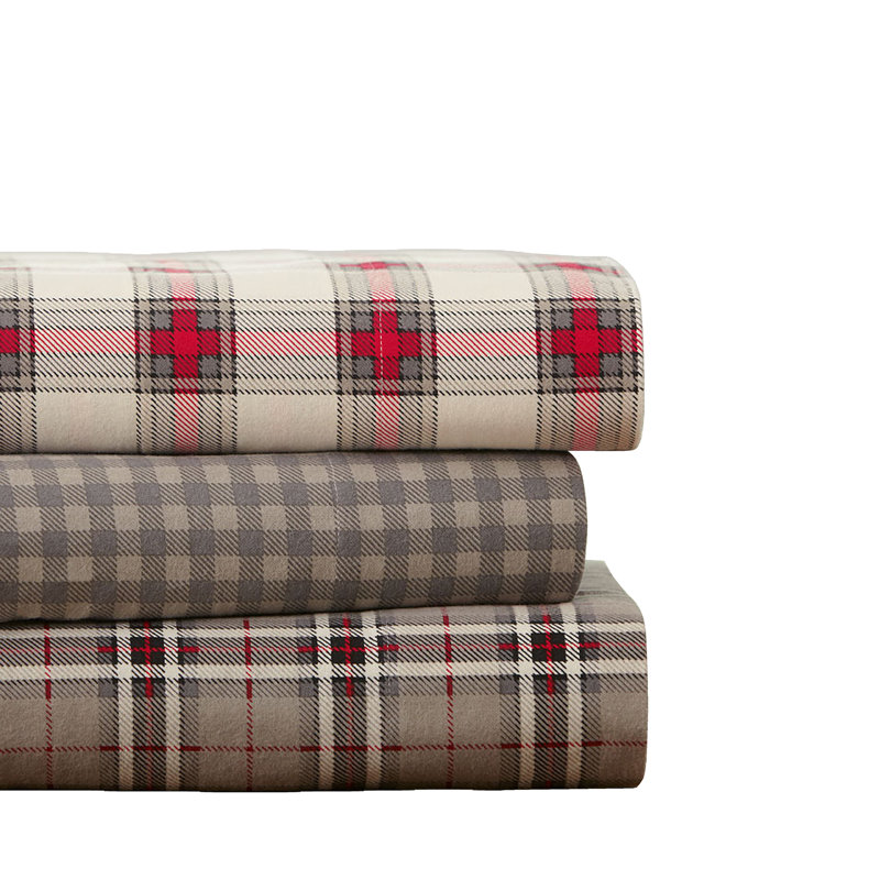  Ensemble de draps 100% flanelle de coton écossais, Ensemble de draps pour lit simple TG + drap-housse, Gris, Derby rouge